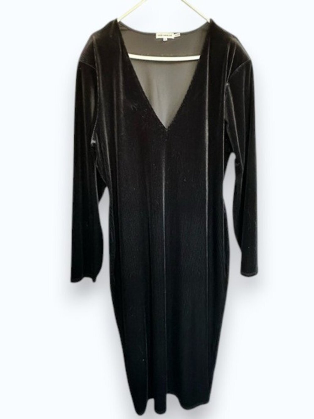 Good American Black Crushed Velvet Ribbed Deep V-Neck Midi Dress 7 Like New